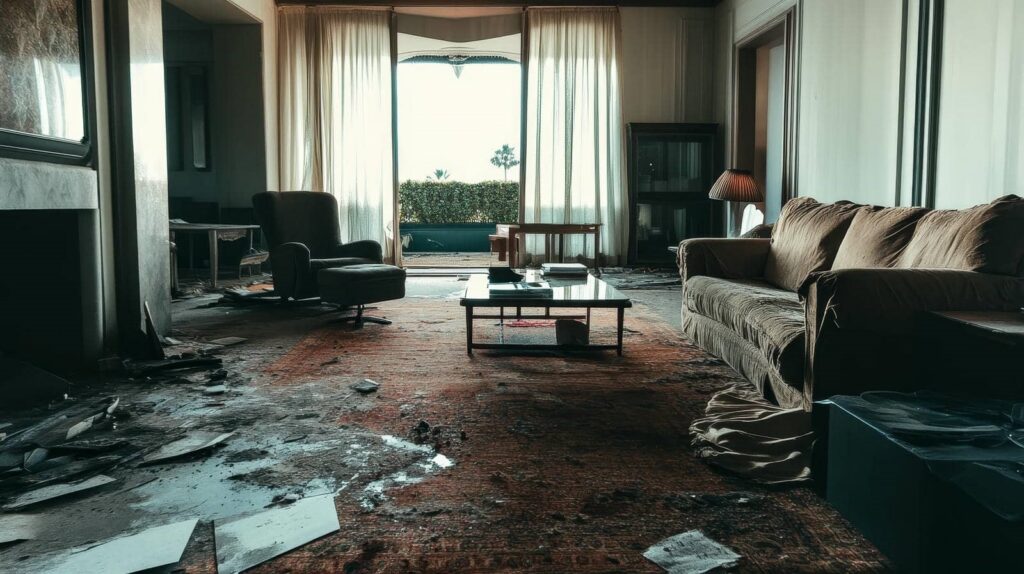Abandoned living room with worn furniture and debris scattered on a stained carpet.