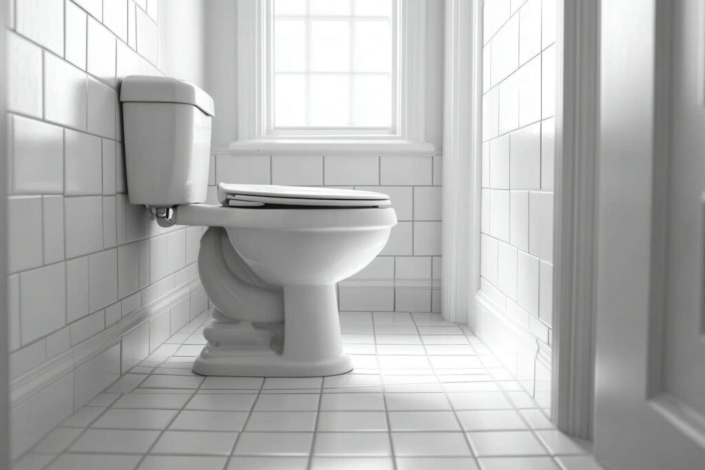 White toilet with closed lid in a tiled bathroom with a window in the background.