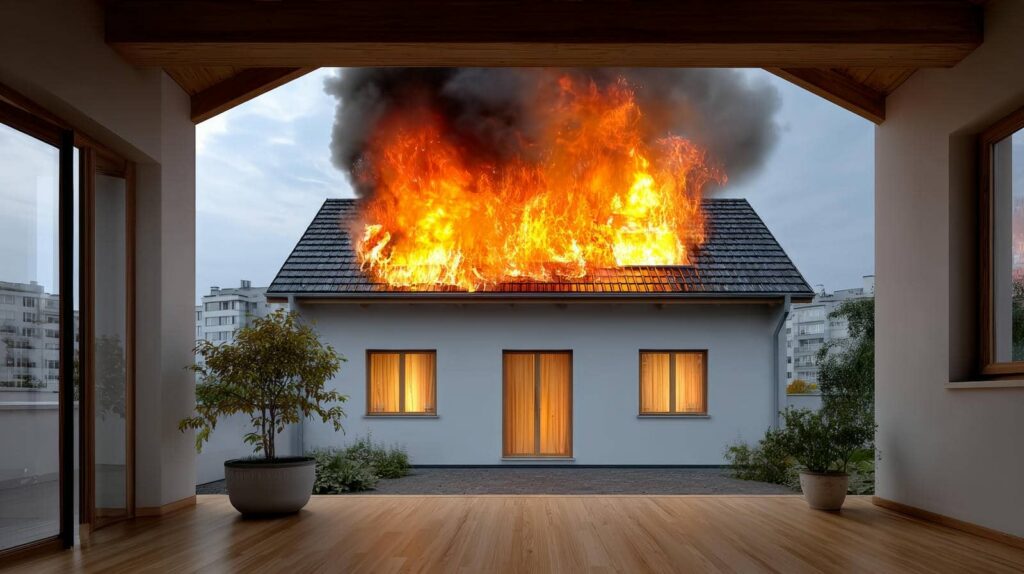 House roof engulfed in large flames and thick smoke during a fire.