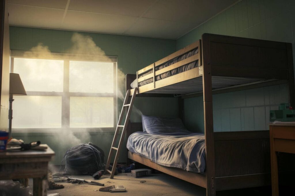 Sunlight streams through a dusty window into a cluttered room with a wooden bunk bed.