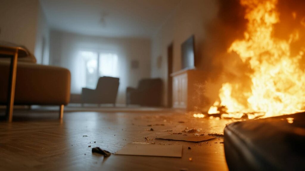 Fire burning on the floor inside a living room with scattered debris and furniture in the background.