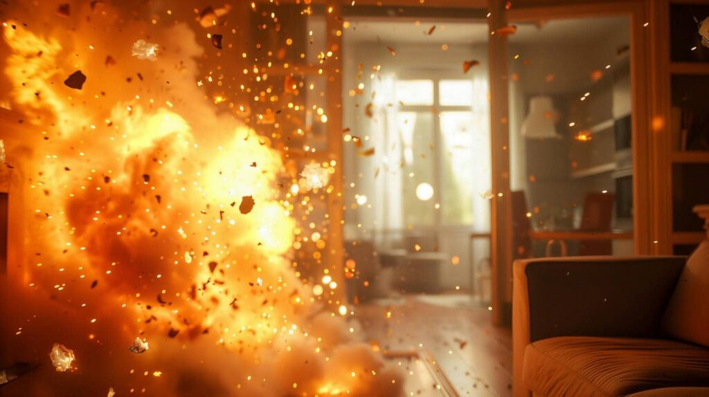 Explosion with fire and debris inside a living room near a sofa.