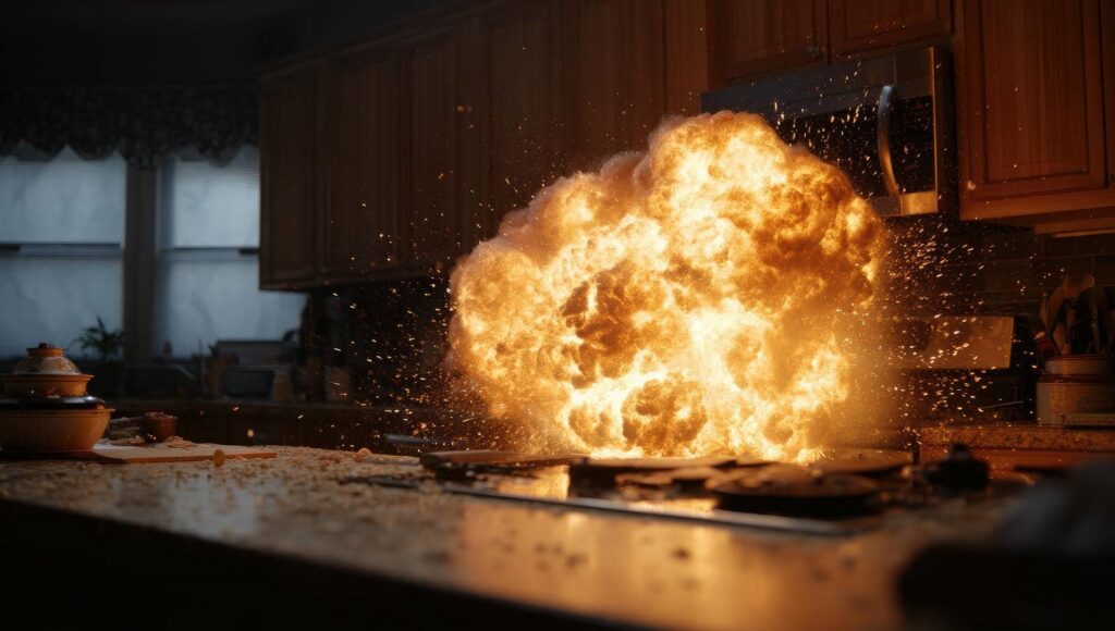 Fire explosion erupting from a stove in a kitchen with sparks flying.