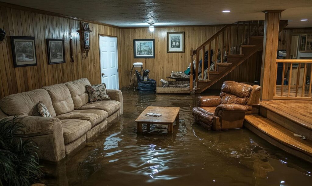 Living room flooded with water reaching sofa and armchair legs.