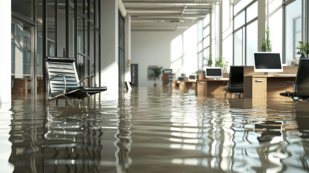 Office space flooded with water covering the floor and partially submerging chairs and desks.