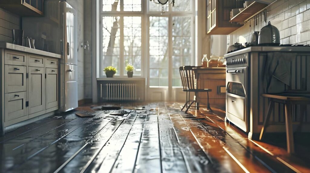 Sunlit kitchen with wet wooden floor, stove, refrigerator, and dining table near large windows.