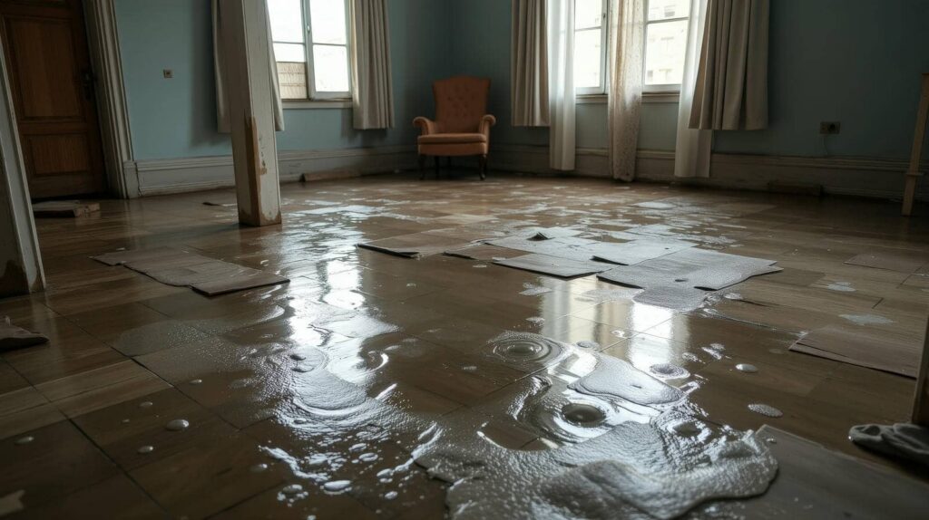Water pooling on a wooden floor with cardboard pieces scattered and an armchair near windows in the background.