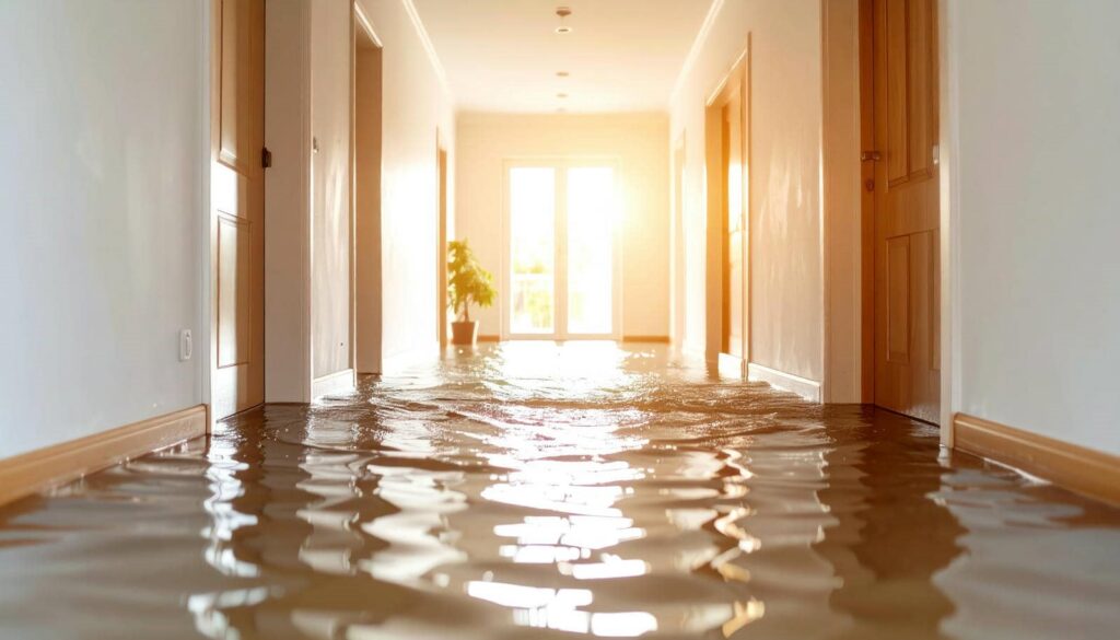 Hallway flooded with water nearly reaching the doors, sunlight shining through glass doors at the end.
