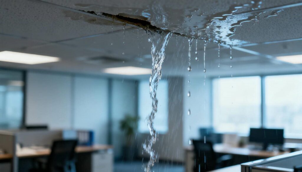 Water leaking from a damaged ceiling tile in an office space.