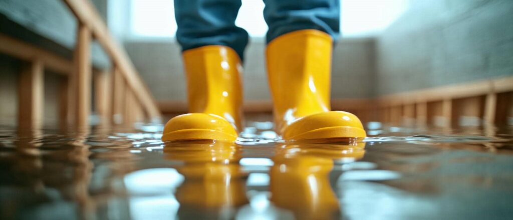 Person wearing yellow rain boots standing in shallow indoor floodwater.