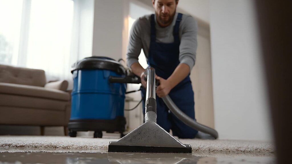 Man using a carpet cleaner to remove water from a wet carpet in a living room.