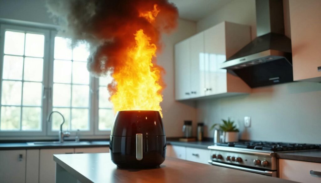 Fire and thick smoke erupting from a black air fryer on a kitchen counter.