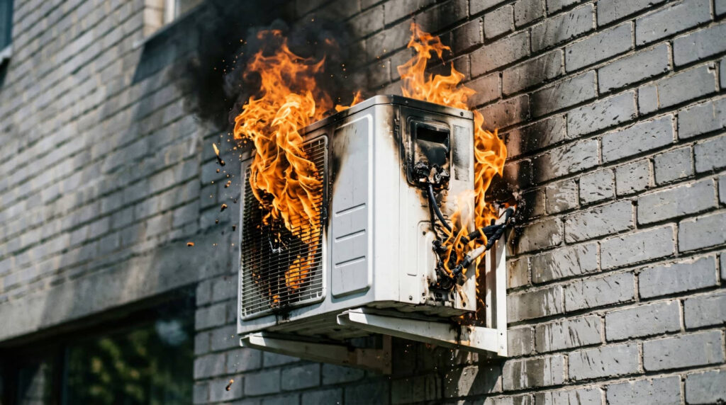 Air conditioner unit engulfed in flames on a brick wall.