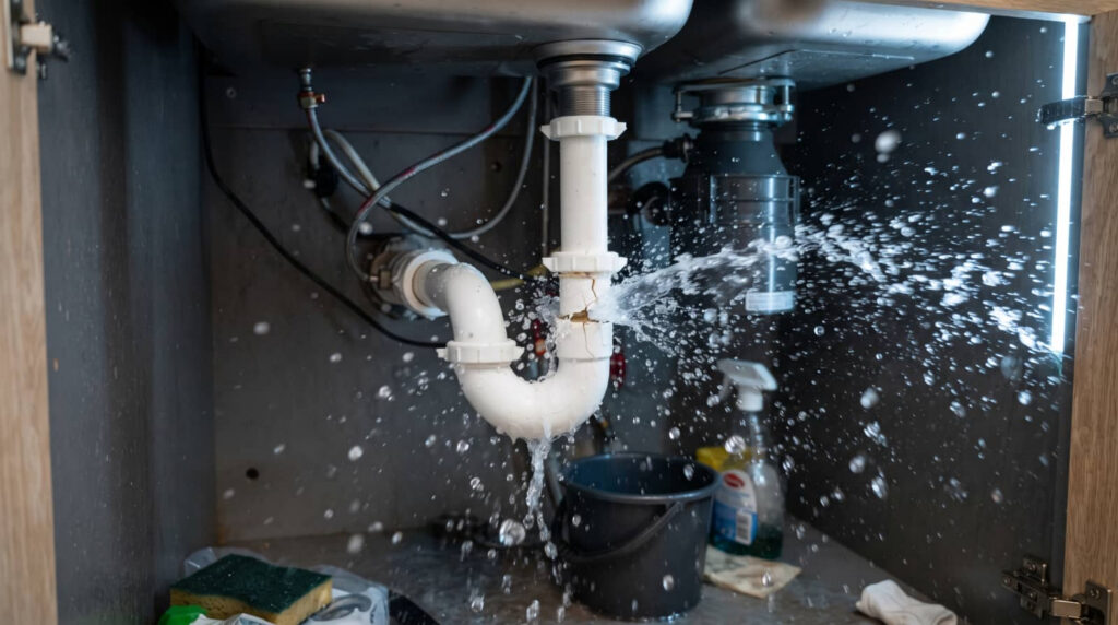 Burst pipe under a sink spraying water.