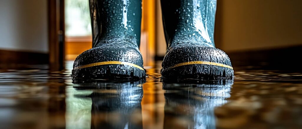 Black rain boots standing in shallow water indoors.