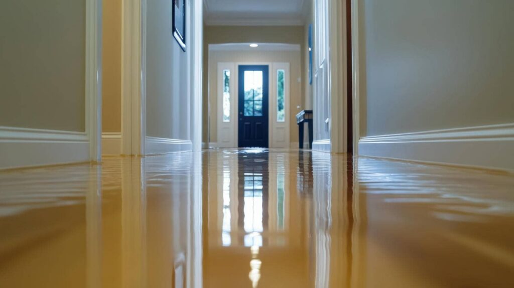 Flooded hallway with water covering the floor and a closed door at the end.