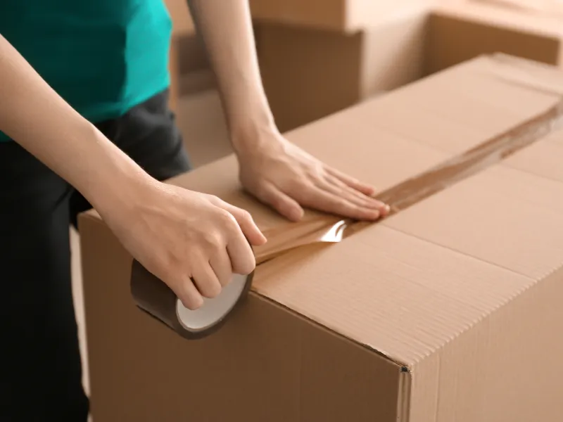 Hands sealing a cardboard box with brown packing tape.