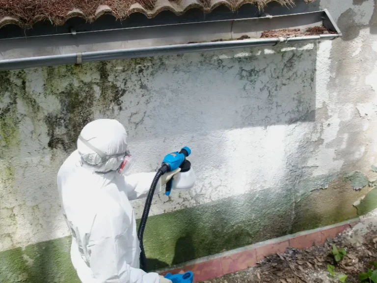 Person in protective suit spraying mold on an exterior wall.