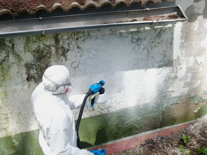 Person in protective suit spraying mold on an exterior wall.