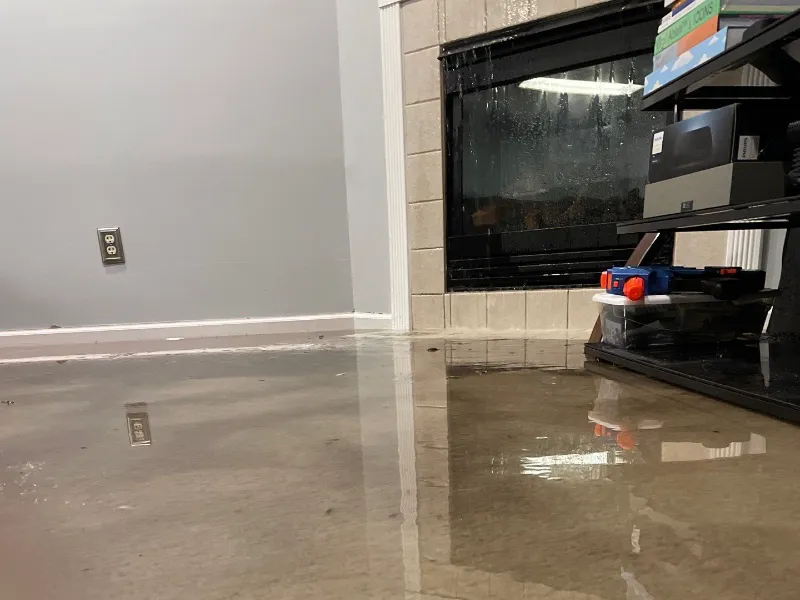 Water flooding a room with a fireplace and a shelving unit with toys and boxes.